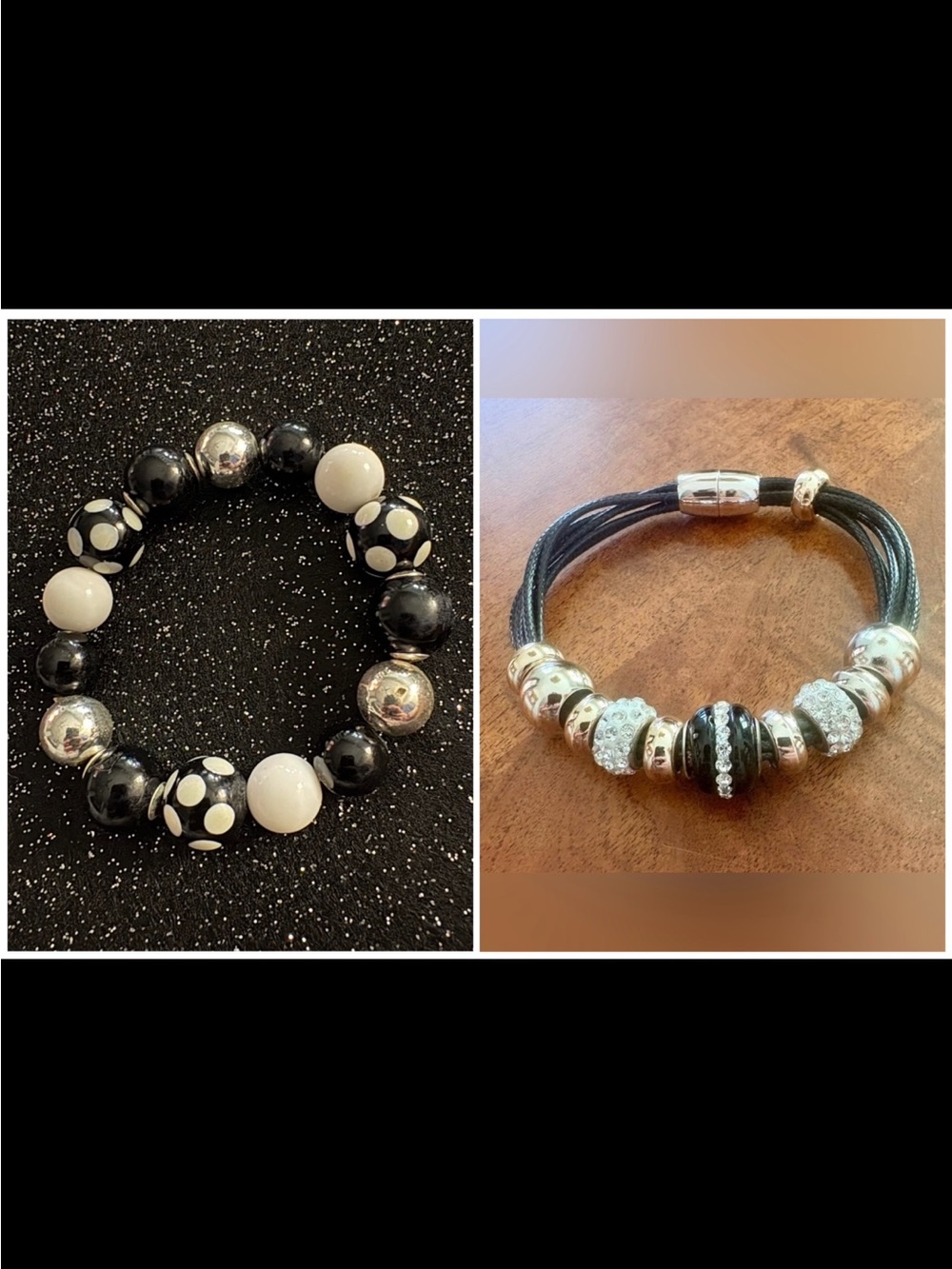 Black and White Polka Dot Beaded Stretch Bracelet & Black Bead Charm Bracelet